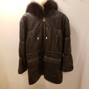Vera Pelle Black Leather Puffer Jacket With Fur Trim Hood - Size M